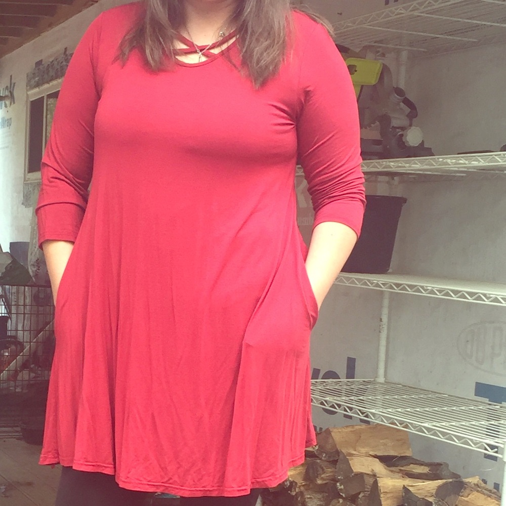 Cross neck red tunic dress